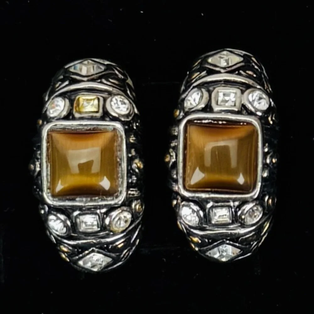 Vintage weighted, Silvertone, goldtone, bling half hoop pierced earrings